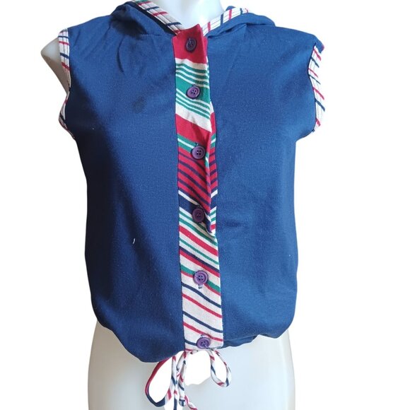 Small Vintage 80's Hoody Top Mister Marty California Sleeveless Striped Placket - Picture 1 of 5